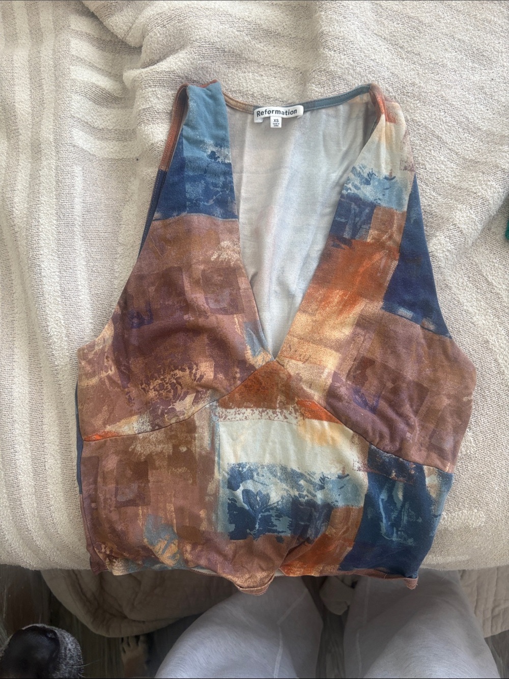 Reformation Patchwork V-Neck Camisole in Blue and Brown Tones